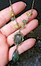 Vintage 1928 Co. Necklace, Gold Tone, Beads, Green teardrop pendant signed picture
