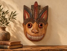 Vintage Thai Carved Wood Monkey Cobra Snake Mask Folk Art Wall Hanging 13” picture