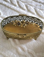 Vintage Matson Ormolu Gold Rose Casket Jewelry Box Beveled Glass Footed Velvet picture