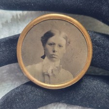 Antique Victorian Photo Button Pin Woman Portrait Newark NJ USA 1 Inch Sepia picture