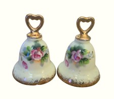 Vintage Heart topped bell Salt & Pepper Shakers Floral Roses Gold Accents love picture