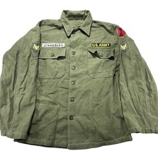 Vintage US Army Shirt Mens Medium Green OG-107 Sateen Vietnam War Patches USA picture