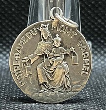 France 1920s Silver Catholic Medal Our Lady of Mount Carmel & Sacred Heart 22 mm picture