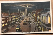 1931 Geneva NY, Seneca Street, By Night From Hotel, Ontario County, Postcard picture