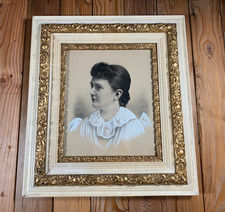 Antique Victorian Ornate Gilt & White Large Wood Picture Frame w/ Portrait Print picture