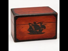 Vintage Wooden Double Deck Playing Card Box Nautical Sailing Ship Divider picture