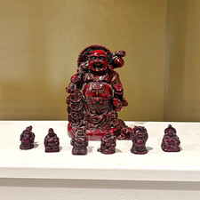 VINTAGE Chinese Laughing Buddha Figurine Set 7pc Resin Red/Black Glossy 7 in picture