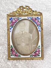 Antique Miniature Frame Enamel Roses Bow Topped Easel Back Made Czechoslovakia picture
