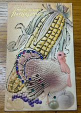 Antique Embossed Thanksgiving Day Greeting Postcard Rhinestone Glitter Turkey picture