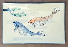 Antique Japanese Porcelain Rectangular Platter Hand Painted Koi Carp Fish Tray picture