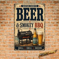 Beer and BBQ Essentials Tin Sign Vintage Grill Bar Metal Wall Decor picture