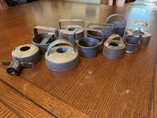 VINTAGE Early Tin Cookie Cutters Lot Nested Round + Oval Biscuit Fixed Handles picture