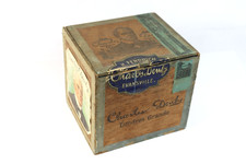 ANTIQUE CHARLES DENBY WOODEN CIGAR BOX 7TH DIST IND H. FENDRICH, 1910 TAX STAMP picture