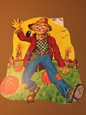 VINTAGE HALLOWEEN H.M.S. 2 SIDED DIE CUT SCARECROW, PUMPKINS & CROW NOS 13