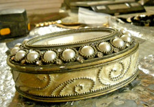 Vintage Enameled Metal Keepsake Box, Ornate Oval Victorian Style, Photo Insert. picture