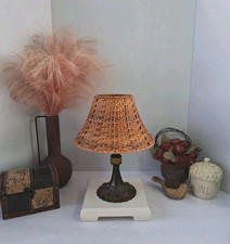 Partylite Candle Lamp Bronze Base w/New Rattan Shade;Frosted Amber Stone Accents picture