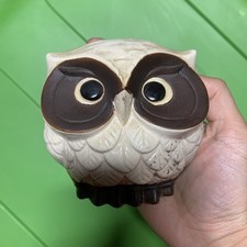 Vintage Ceramic Owl Figurine Brown Cream Big Eyes Bird Statue Retro Decor picture