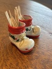 Vintage 1950s Japan Ceramic Christmas Santa Boots Toothpick Holders Kitch picture