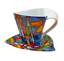 Barcelona Gaudi-Style 4oz Artistic Colorful Espresso Cup And Plate; Unique picture