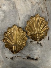 RARE PAIR Vintage Brass Clam Scallop Shell Wall Candle Sconces Regency MCM picture