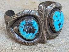 RARE Vtg TOM BAHE Navajo Sterling Cuff / Bracelet w/ Kingman Turquoise 72.8g EUC picture