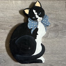 VTG Hand Painted Wood Black & White Cat Figurine Halloween Cotagecore Decor picture