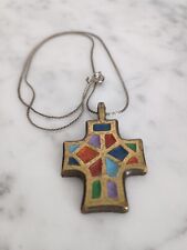 Vtg Enamel Mosaic Cross Pendant W/ Chain Necklace Israel 1969 Terra Sancta Guild picture