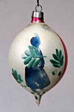 Vintage Glass Pictured Blue SANTA w TREE DROP Christmas Ornament Fantasia Poland picture