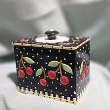 Mary Engelbreit Cherries Tea Caddy Box Lid Canister Trinket Polka Dot, HTF picture