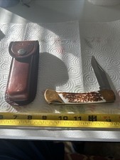 Schrade Uncle Henry PAPA BEAR Lockback Skinning Knife + Leather Belt Sheath LB8 picture