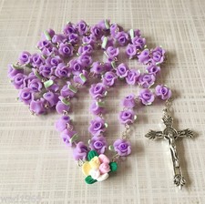 Catholic ROSARY-PURPLE Rose Flower soft Ceramic bead with a Crucifix picture