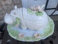 VERY RARE 1983 FITZ AND FLOYD HIPPOPOTAMUS TUREEN & UNDERPLATE NOS CONDITION picture