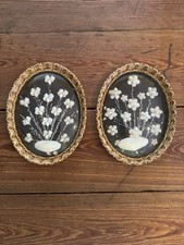 Pair of Antique 1940’s Florida Shell & Pine Needle Frame Floral Oval Pictures picture