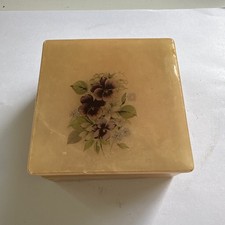 Vtg Italian Hand Carved Pink Alabaster Hinged Trinket Box W Violets 3.5” X 1.5” picture