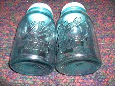 Two Vintage Aqua Blue Ball Quart Mason Jars Zinc Lids 1913 OFFSET PERFECT MASON picture