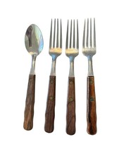 Vintage Wooden Fork Spoon Set 4 Stainless USA picture