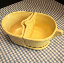 Vintage USA 880 Ceramic Creamer & Sugar Bowl Set Yellow, Primitive, Unusual picture