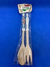 Vintage Wooden Serving Spoon Fork Set Flower Painted Art Handle Hungary 6 picture