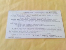 RARE 1875 POSTCARD AD MUSIC GOSPEL HYMN'S BOOK INDEPENDENT SUBSCRIPTION NEW YORK picture