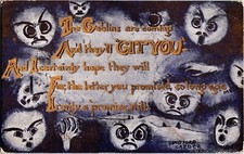 Vintage Blue & Silver Goblins, Scary Hands Antique Halloween Postcard (Unusual) picture