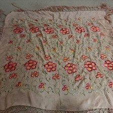 Antique 1920s silk piano/table scarf hand-embroidered floral blush silk satin picture