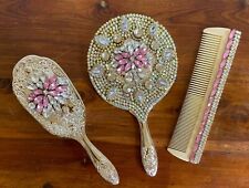 Shabby Chic Vintage Silver Pink Rhinestone 3 Piece Vanity Set “Handcrafted” picture