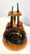 VTG MCM Fairfax Wooden Pipe Holder & Pipes Black Glass Astray USA #grandpacore picture