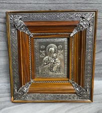 GREEK ORTHODOX SILVER ICON OUR LADY OF PERPETUAL HELP VIRGIN MARY - WOOD FRAME picture