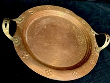Vintage Embossed Round Copper Arts & Crafts Art Deco Tray With Brass Handles 13” picture