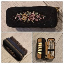 Vintage Antique Germany Embroidered Flowers Travel Kit Brush picture