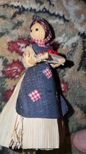 Vintage Cornhusk Folk Art Woman Figure Berry Tray Checkered Headscarf picture