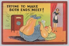 Vintage 1945 Linen Postcard Humorous Risque Cartoon Trying to Make Both Ends picture