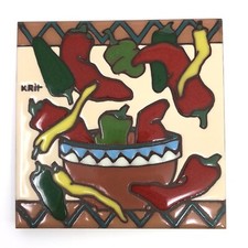 VTG KRIT Ceramic Art Tile Trivet CHILIES 1995 Peppers Southwest Arizona Signed picture
