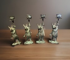 Vintage 1980s Rabbit Bunny Candle Holders Set of 4 Verdigris Metal Korea picture